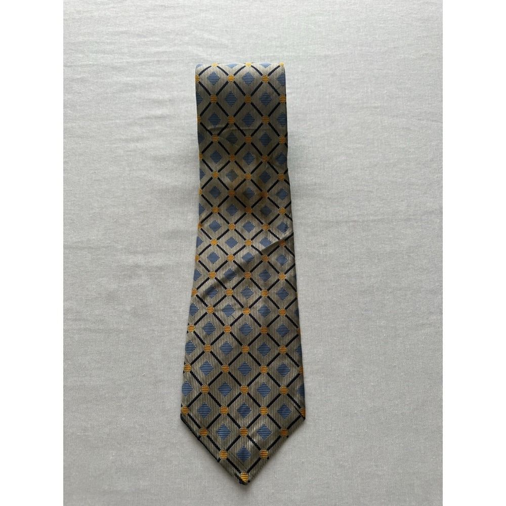 Robert Talbott Larrimor's Silk Tie Gray Blue Gold Geometric  Read Description